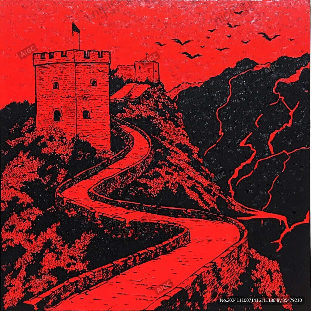 长城版画插画雕刻素材
