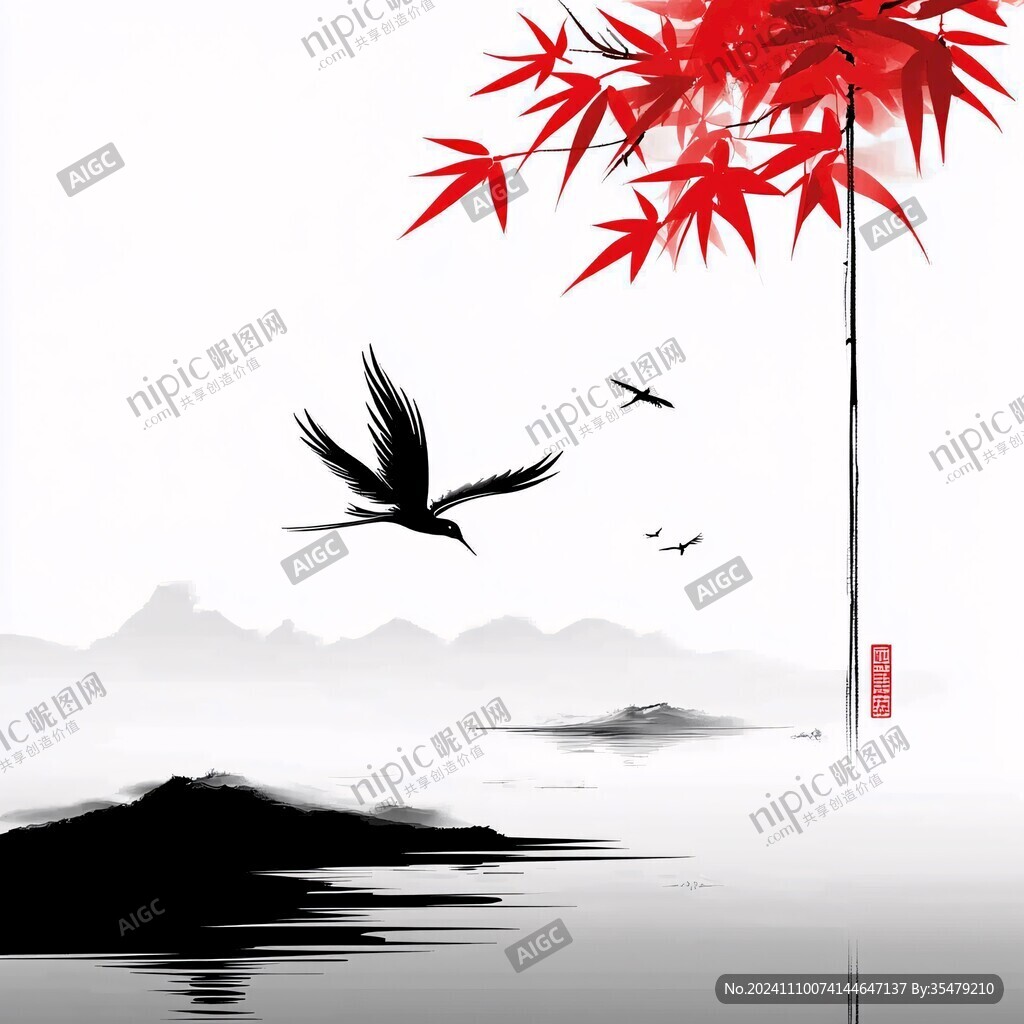红叶花鸟写意山水