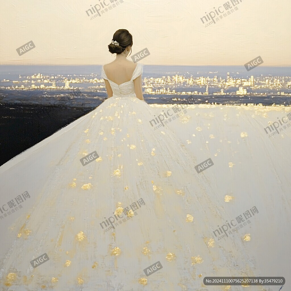 手绘女孩婚纱背影