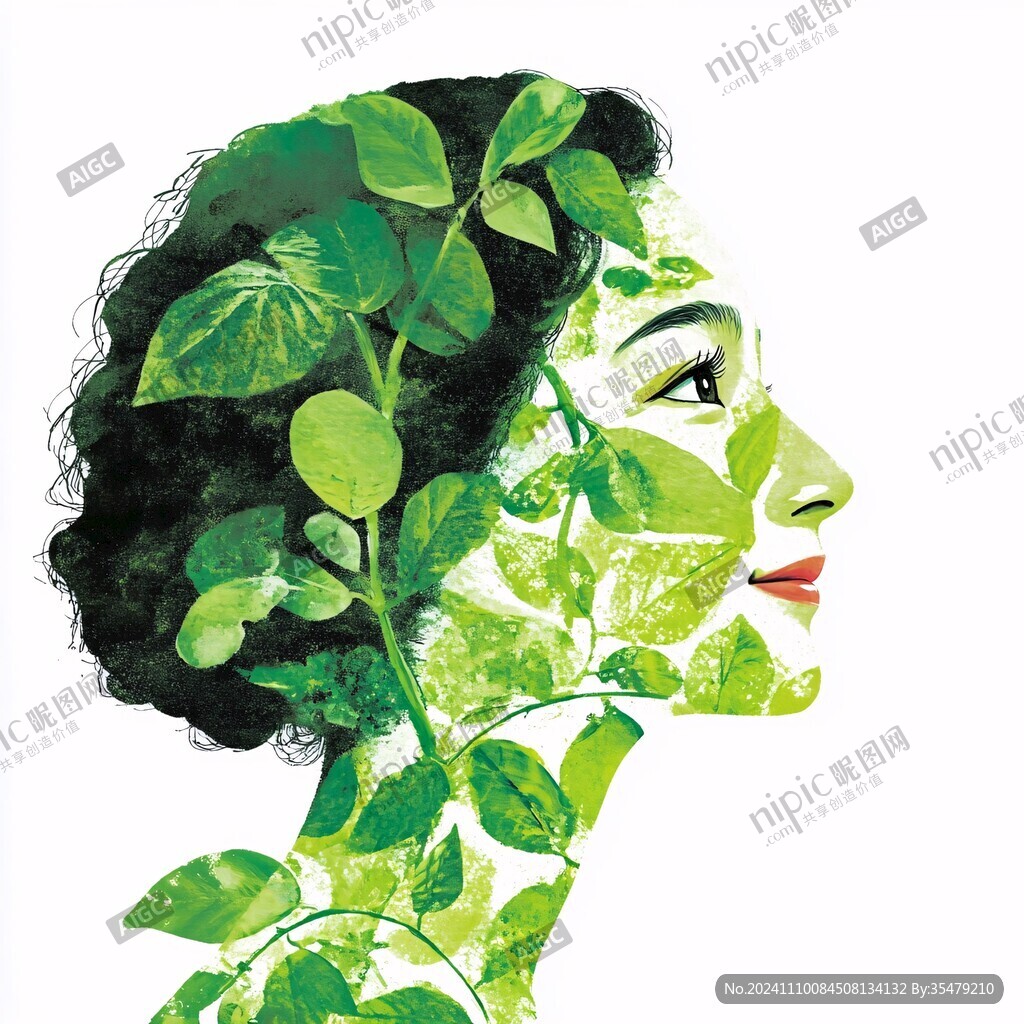 插画绿叶女孩