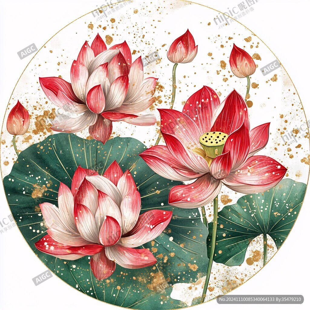 手绘荷花圆形装饰画