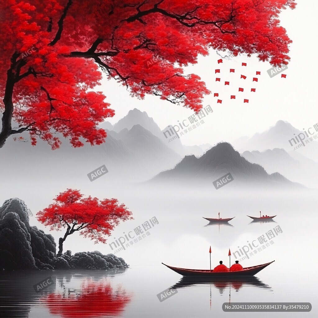 新中式泼墨红叶山水画