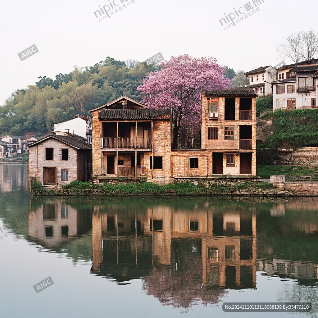 桃花下的土房子