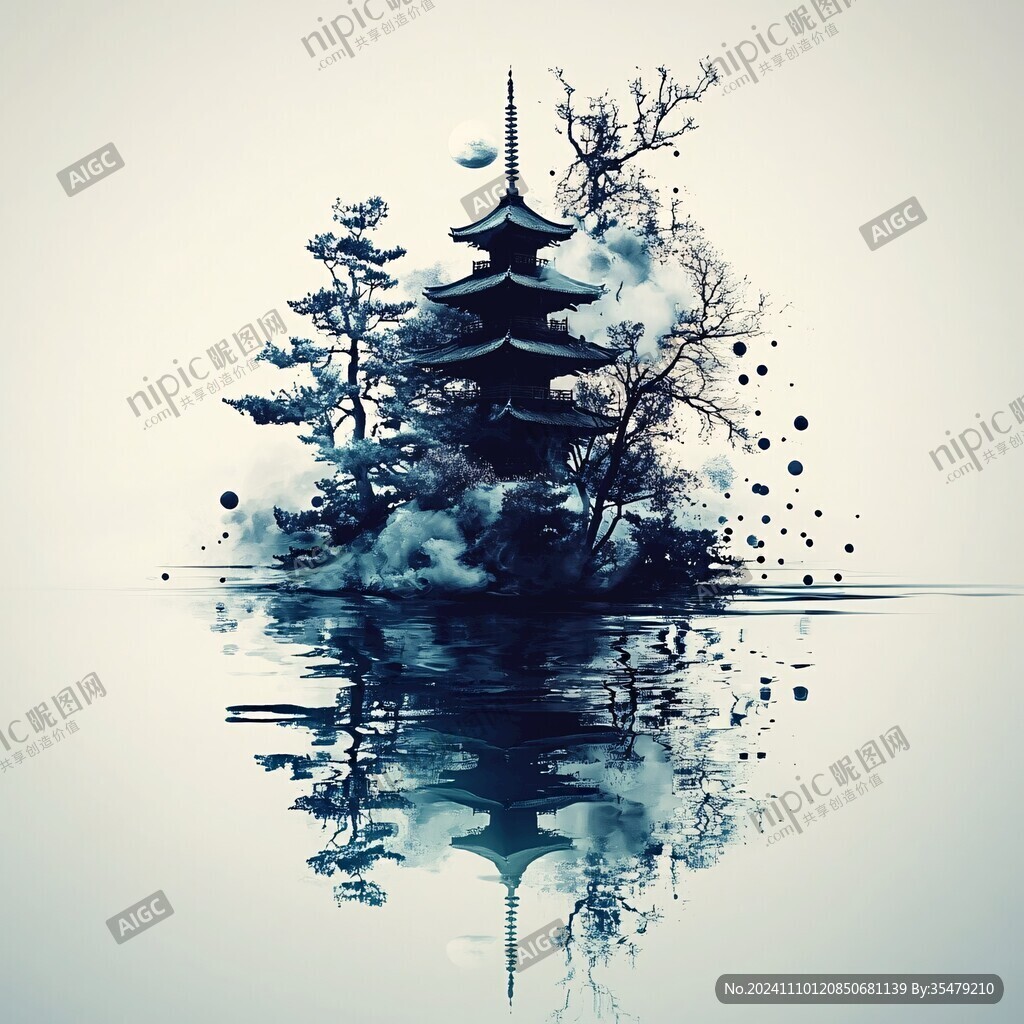 老塔中国风山水意境