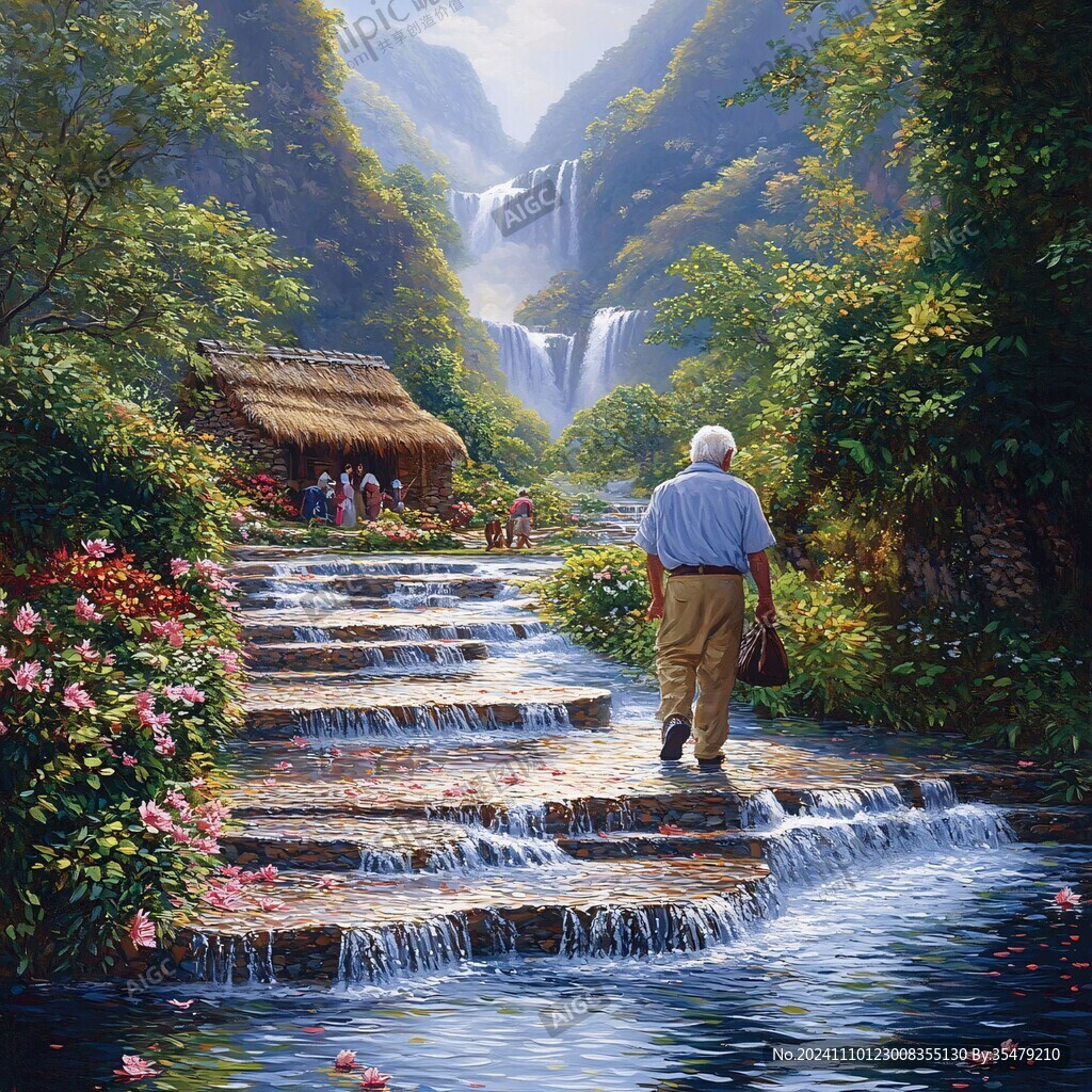 山水风景油画瀑布