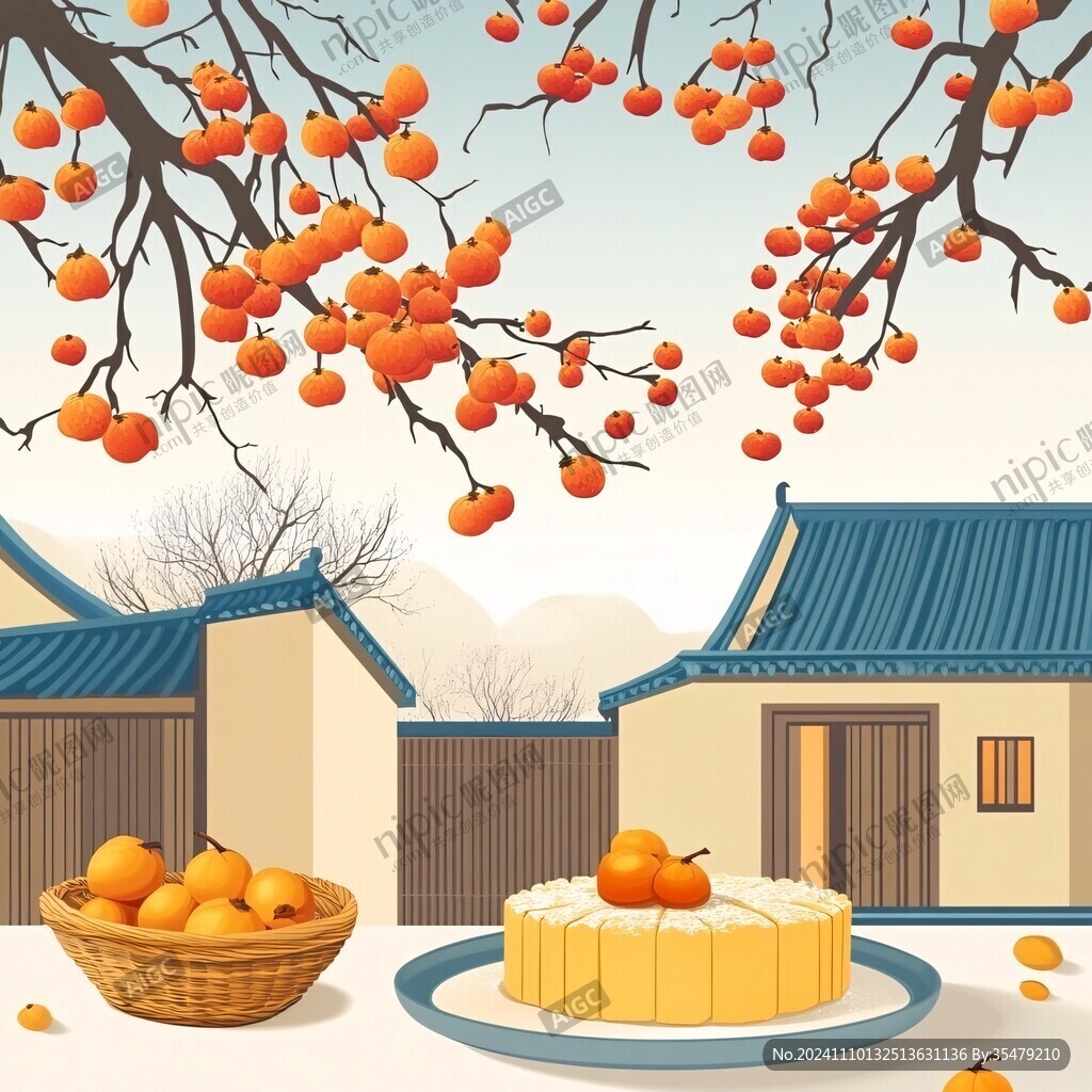 秋季柿子树小院背景