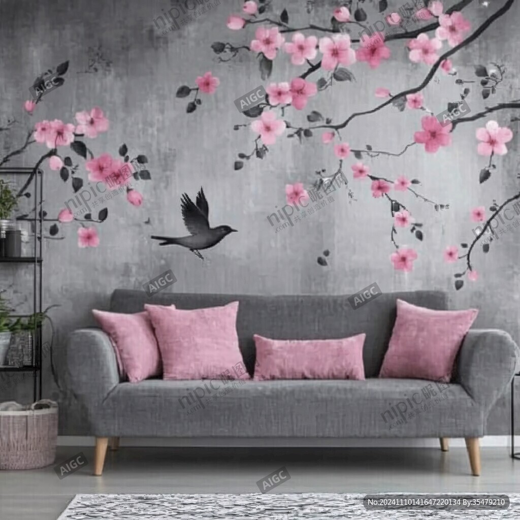 沙发背景墙梦幻桃花
