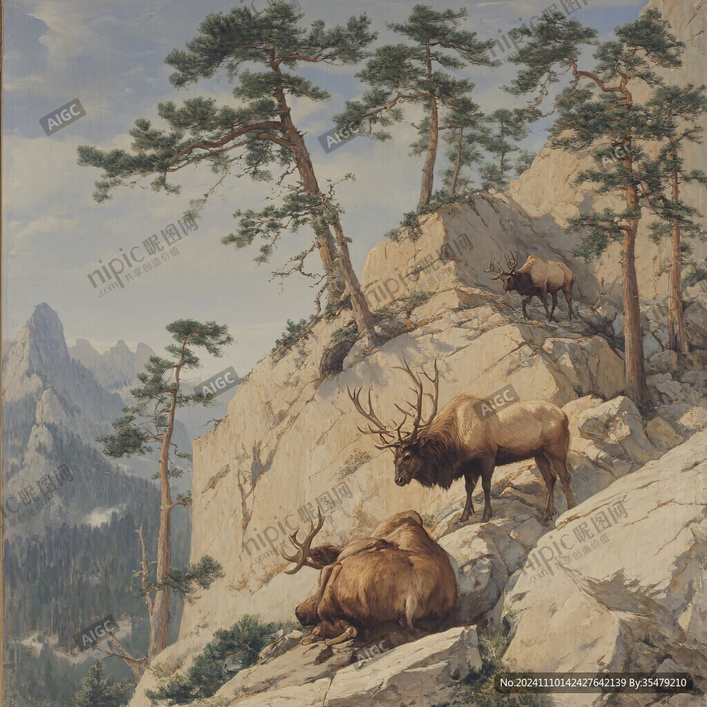 山峰山水画油画梅花鹿