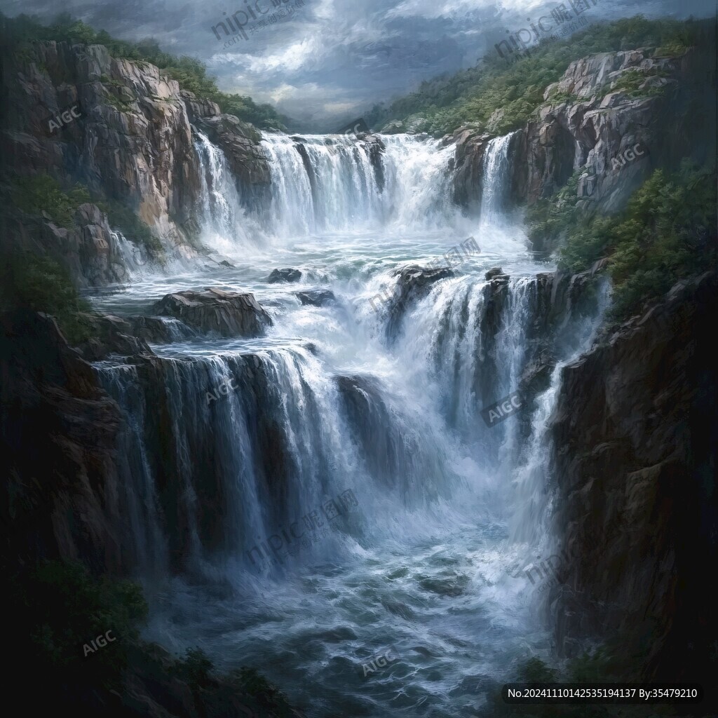 山水风景油画瀑布