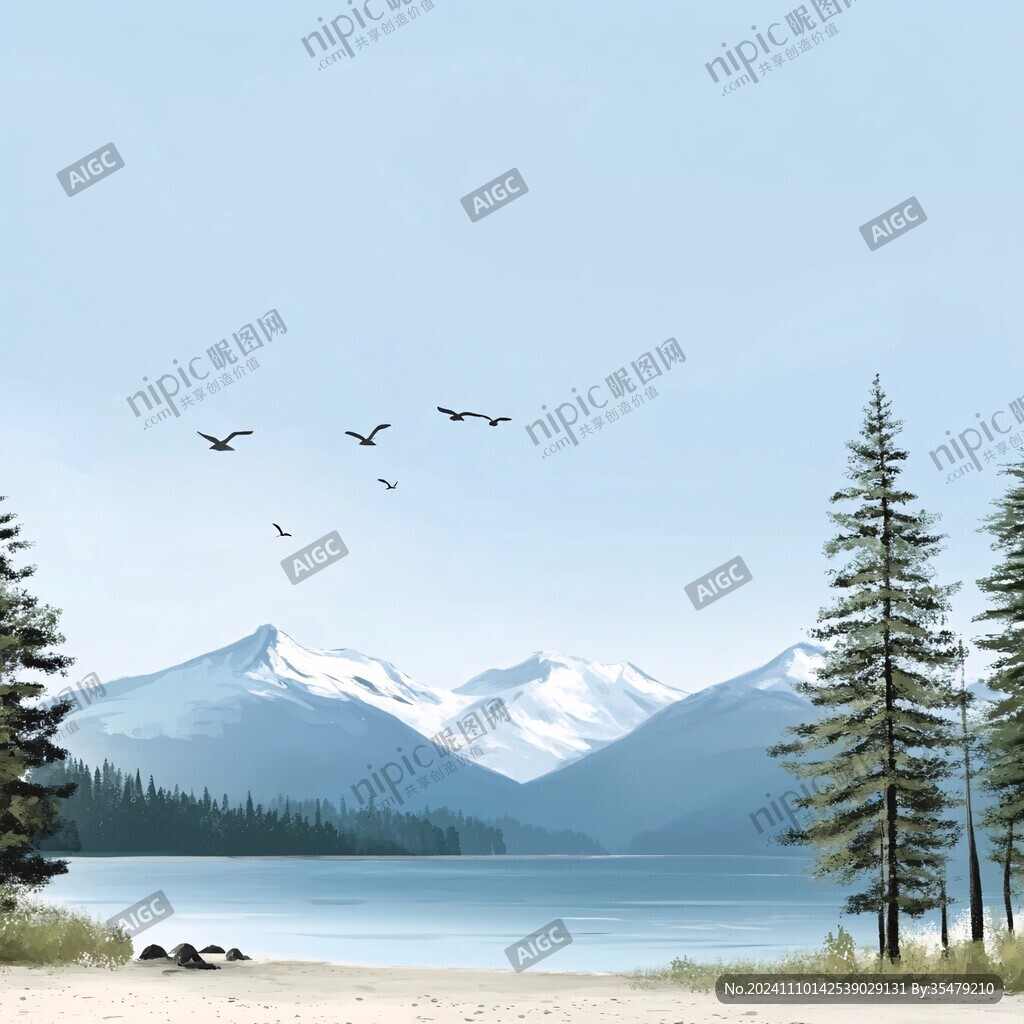 插画山水湖