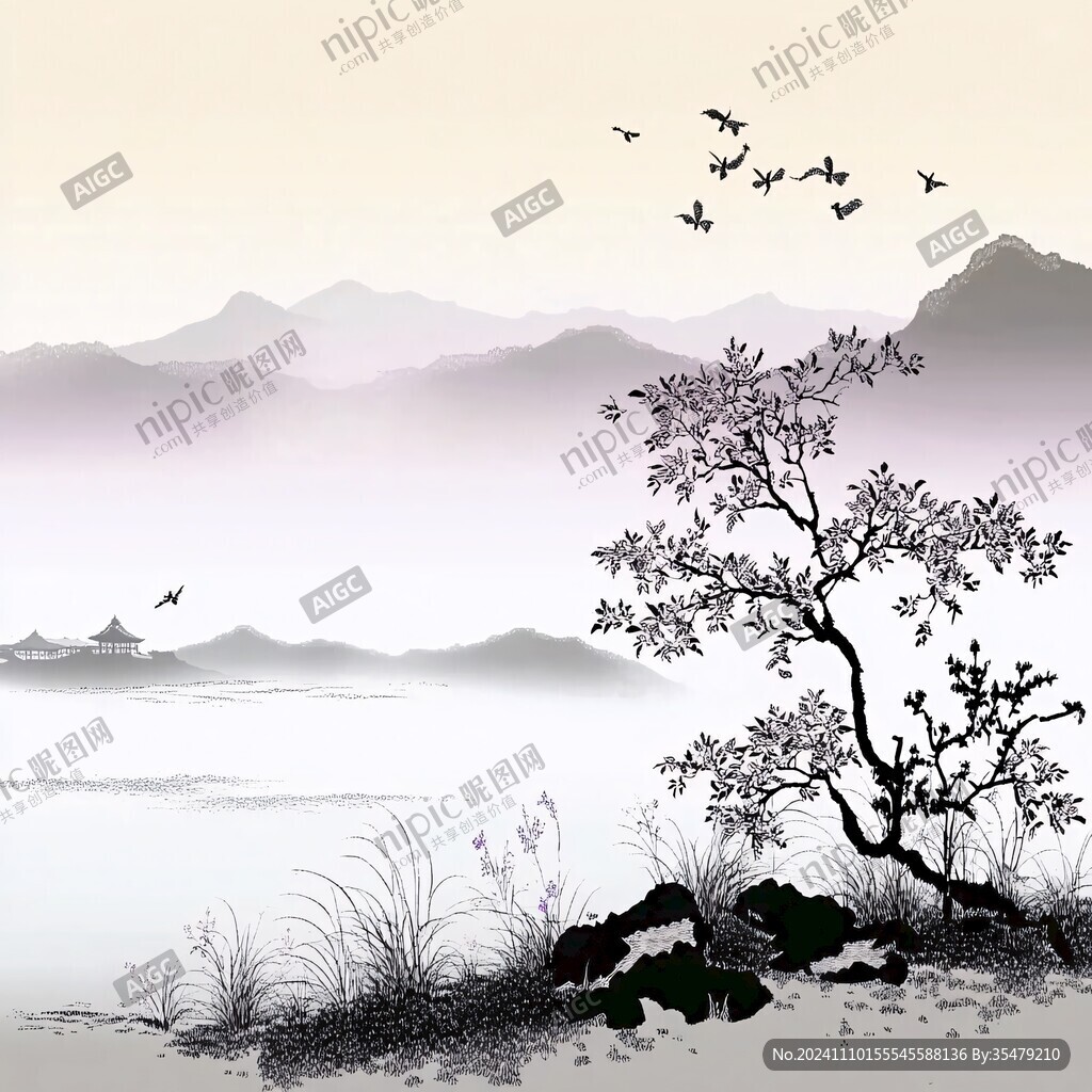 黄昏山水画