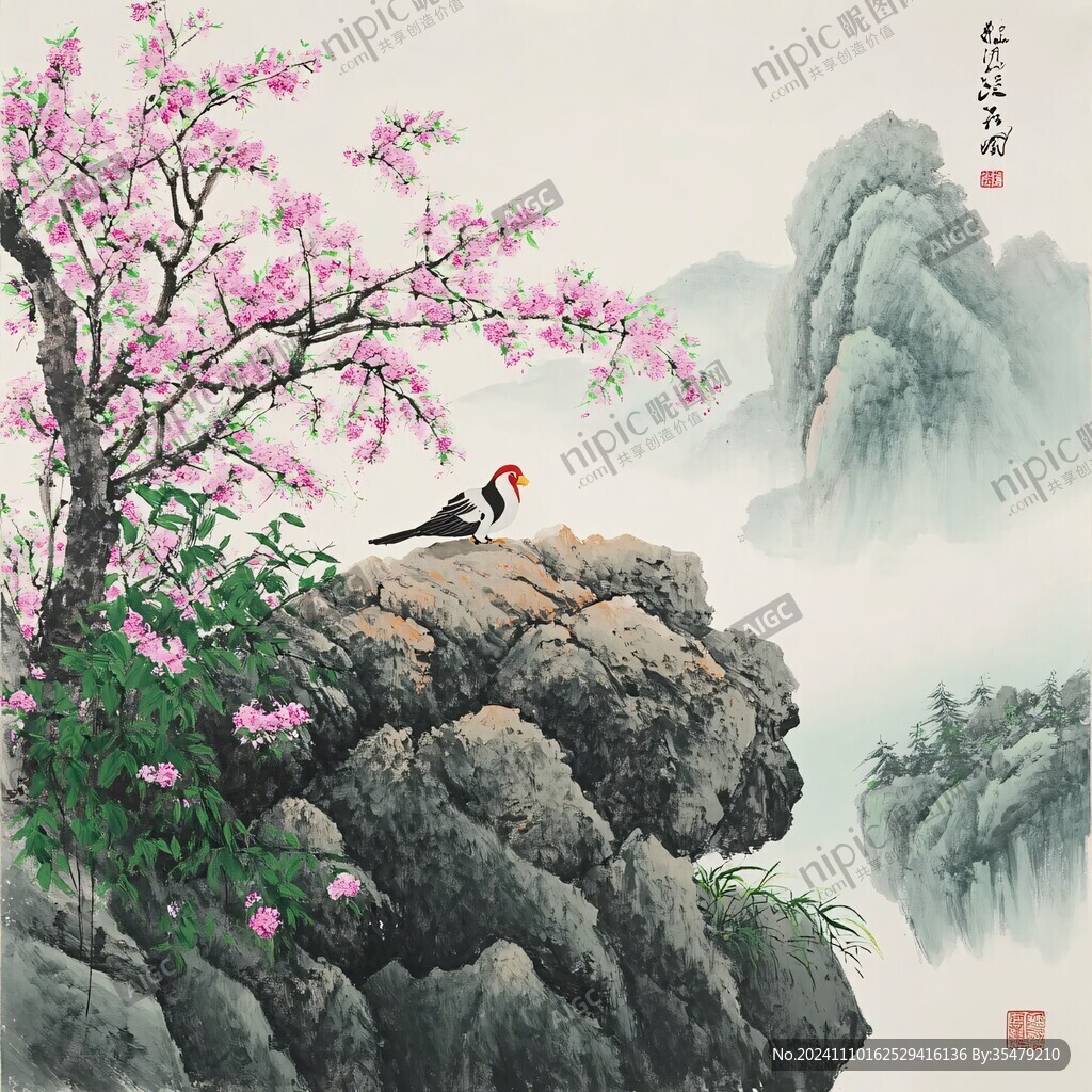 松石绿地桃红春燕图