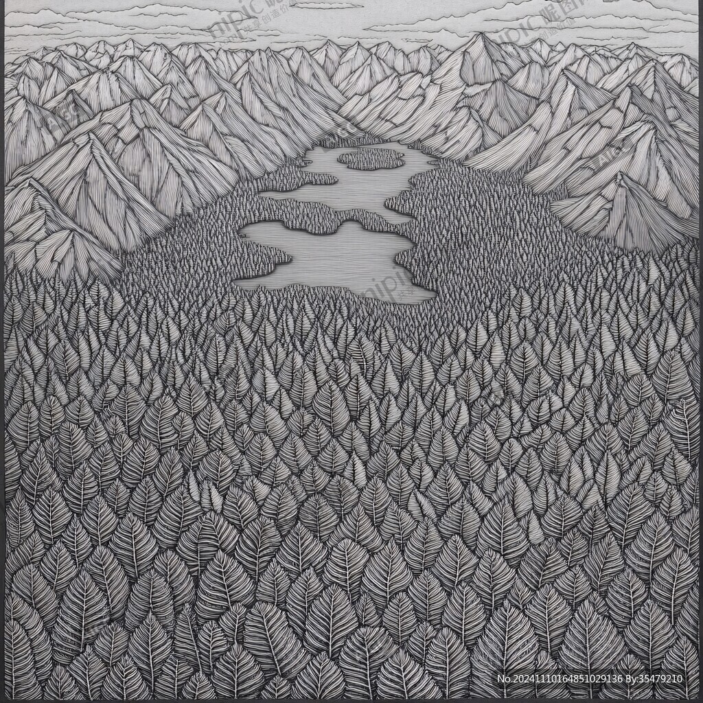 精雕肌理线描山水画
