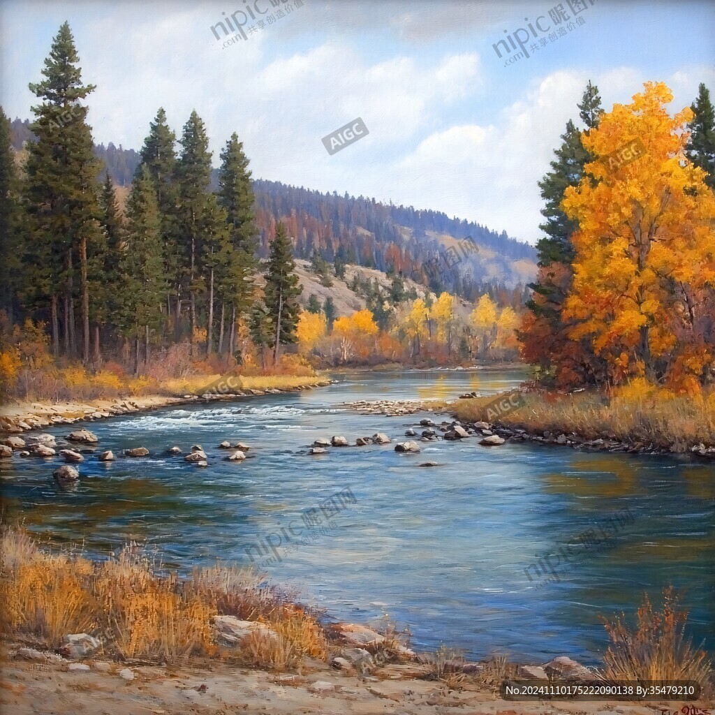 溪流风景油画