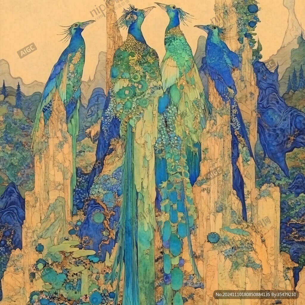 青绿山水工笔花鸟