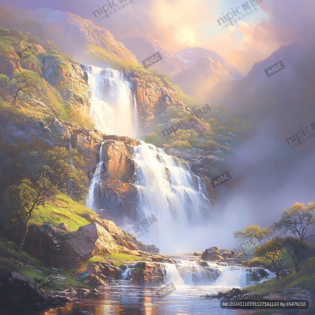 山水风景油画瀑布