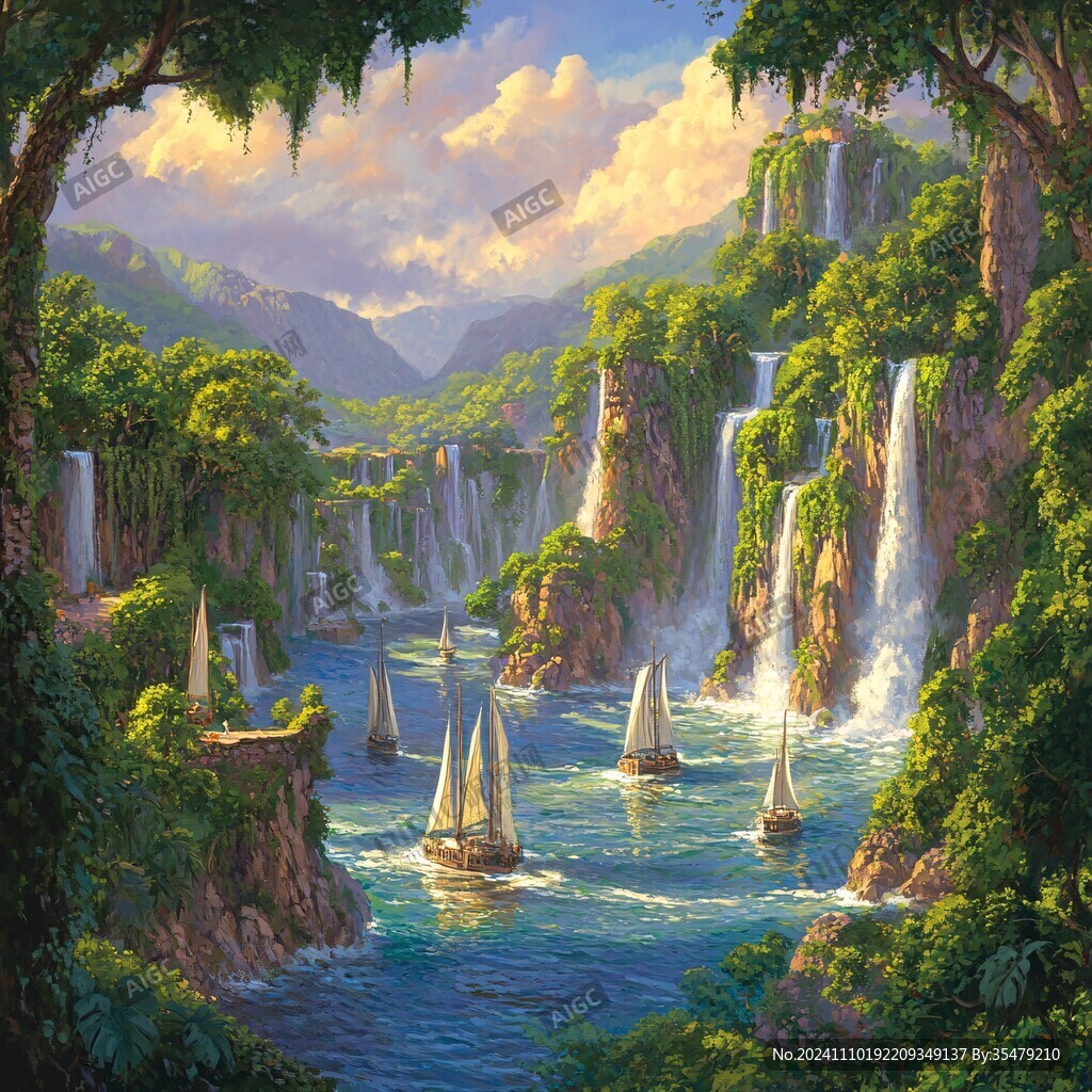 山水风景油画瀑布