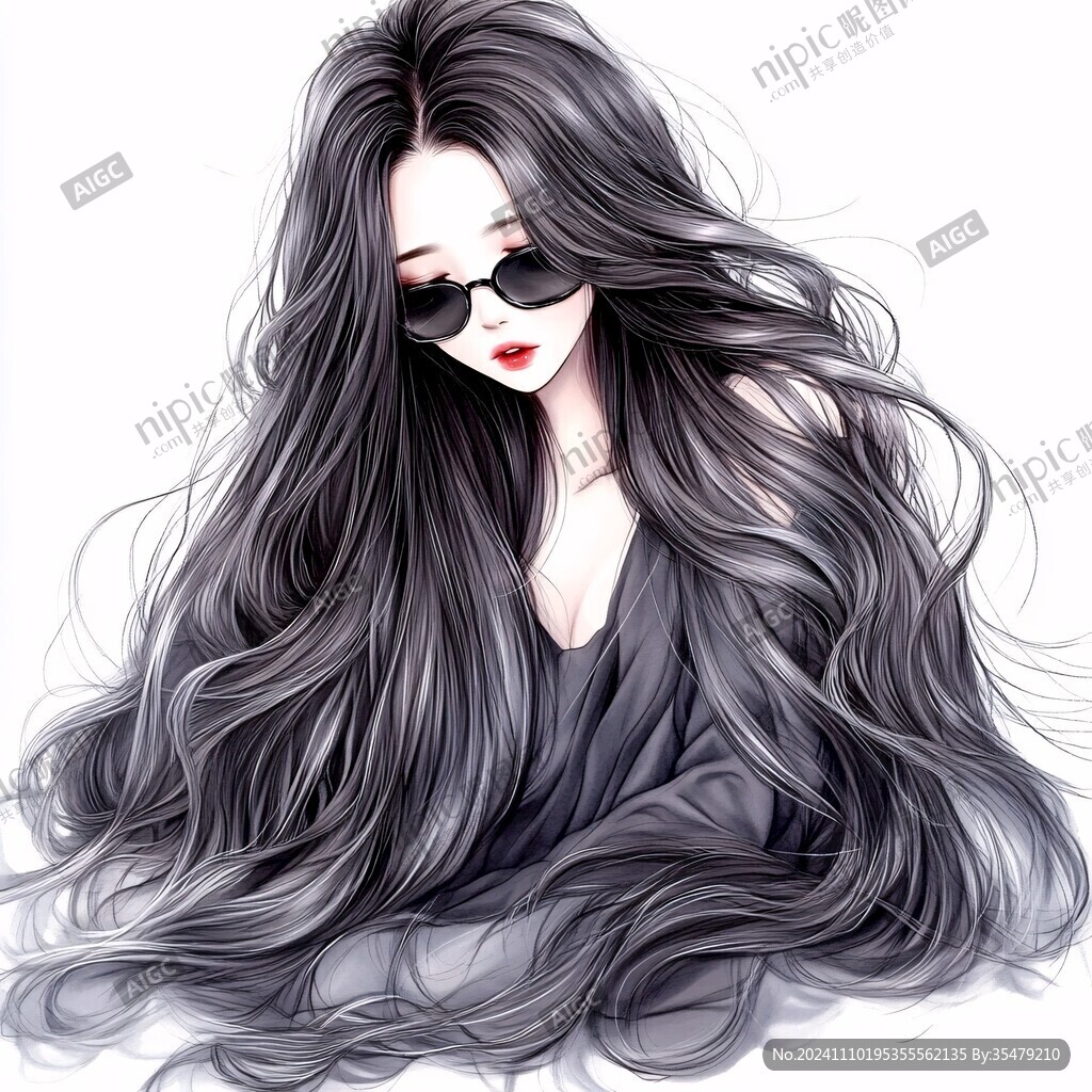 长黑发插画