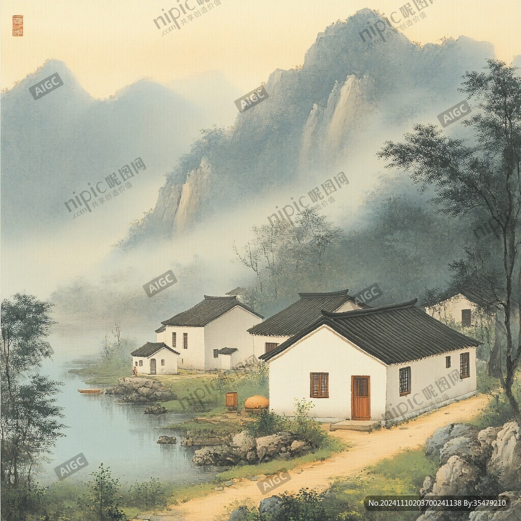 装饰画无框画山脚民居