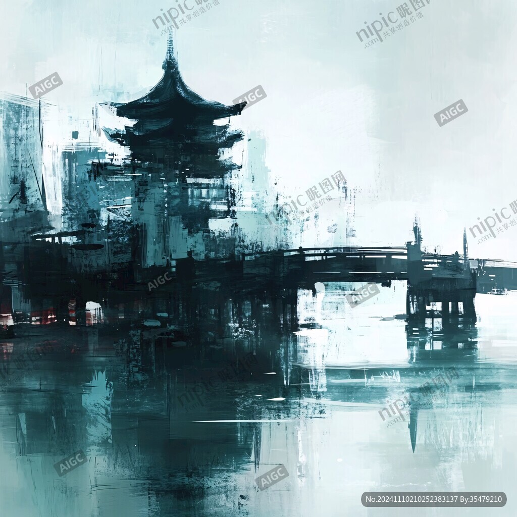 水墨水彩禅意城市