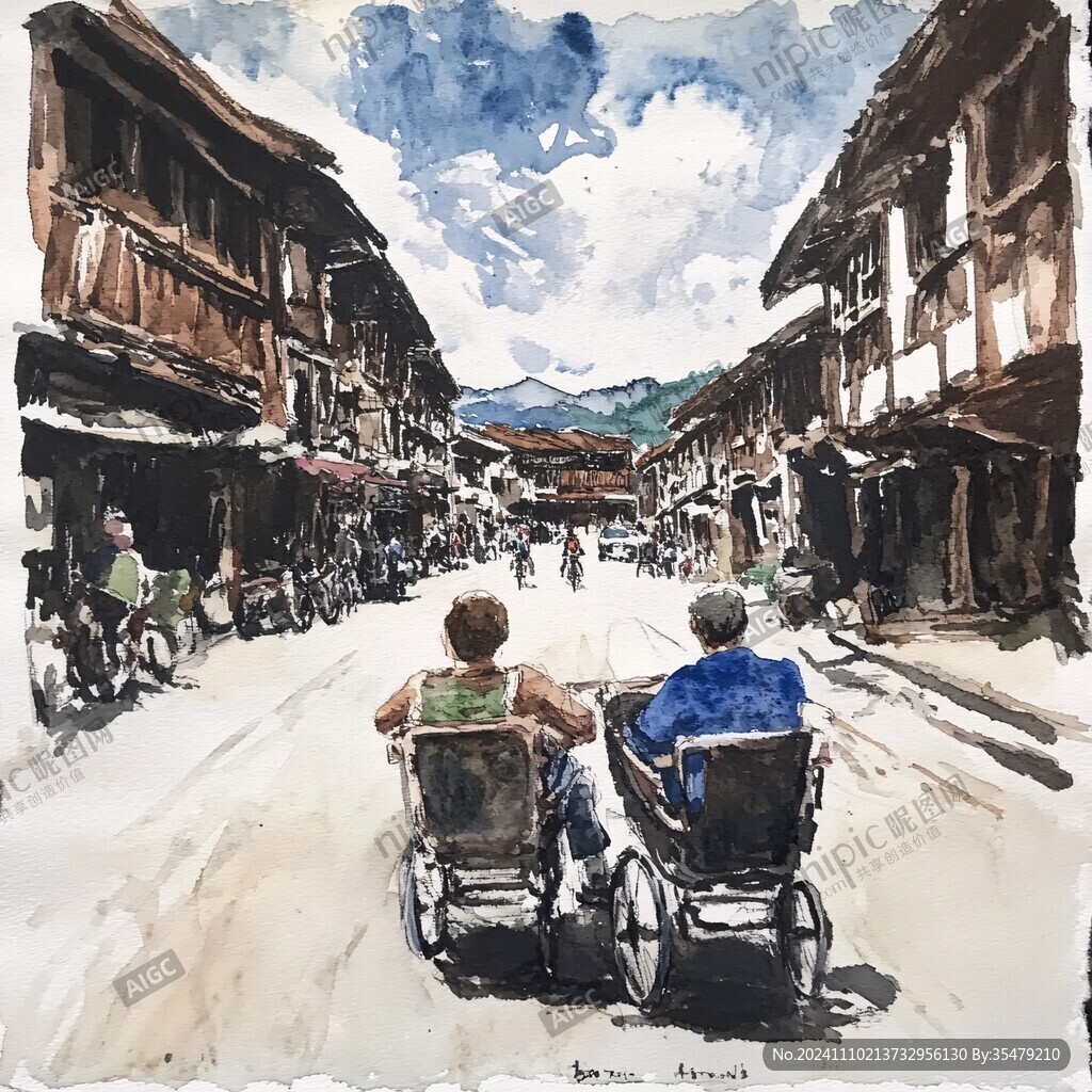 尼泊尔城市水彩