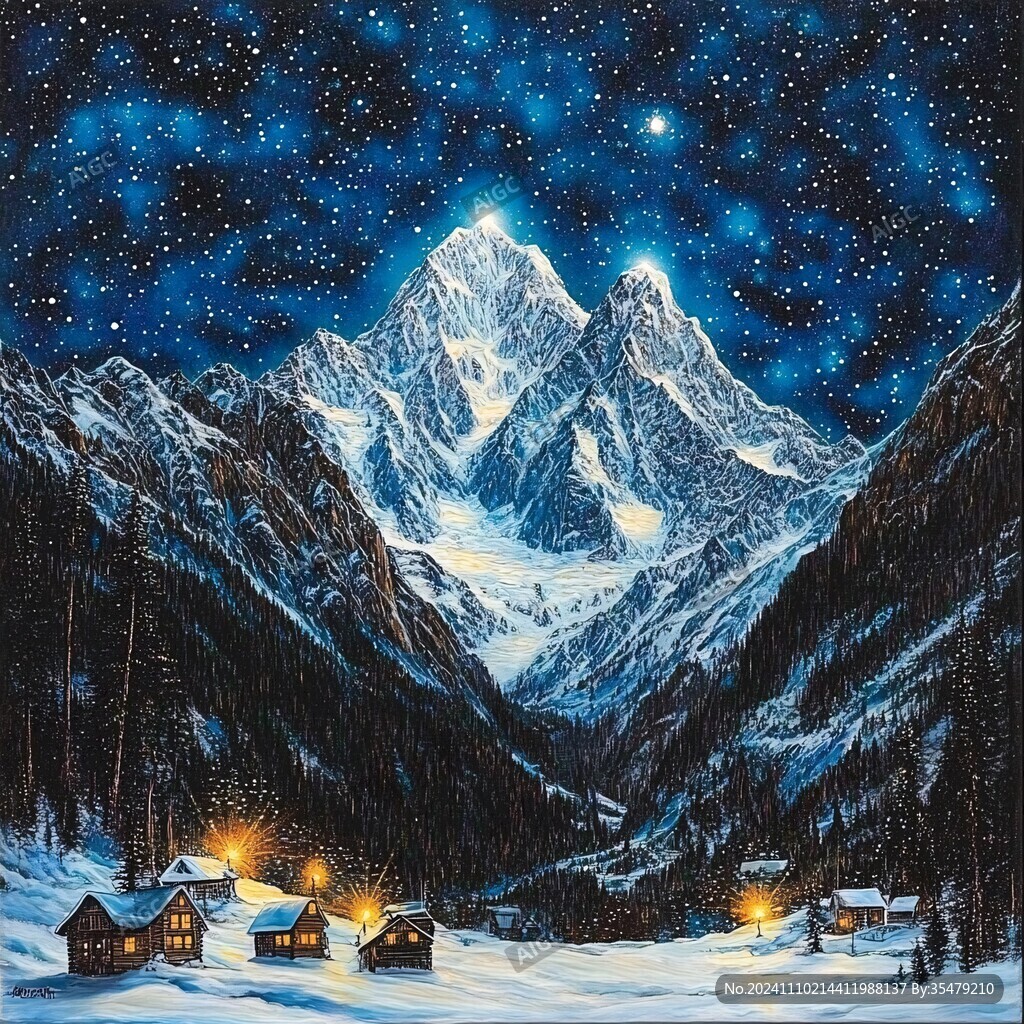 手绘雪夜风景无框画