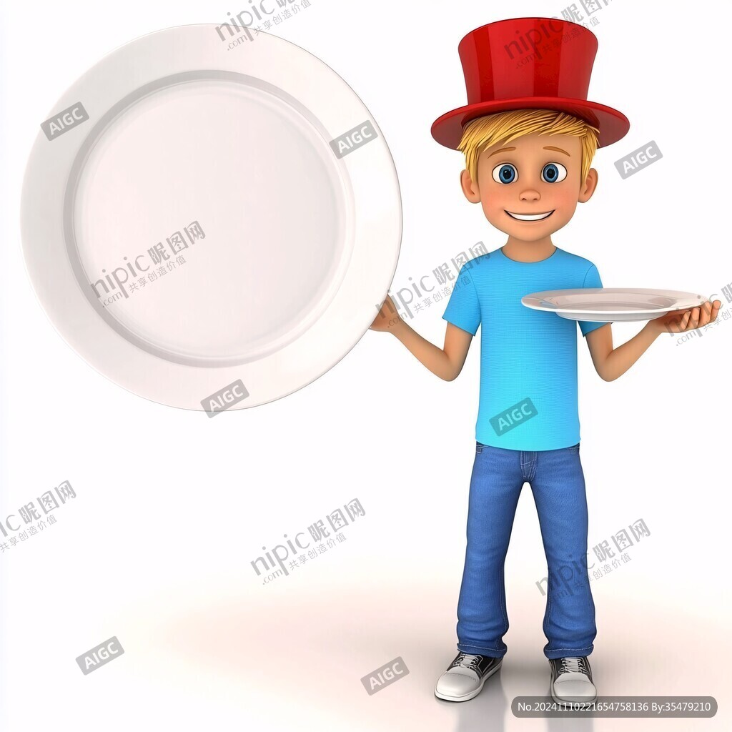 手绘卡通端盘子服务员