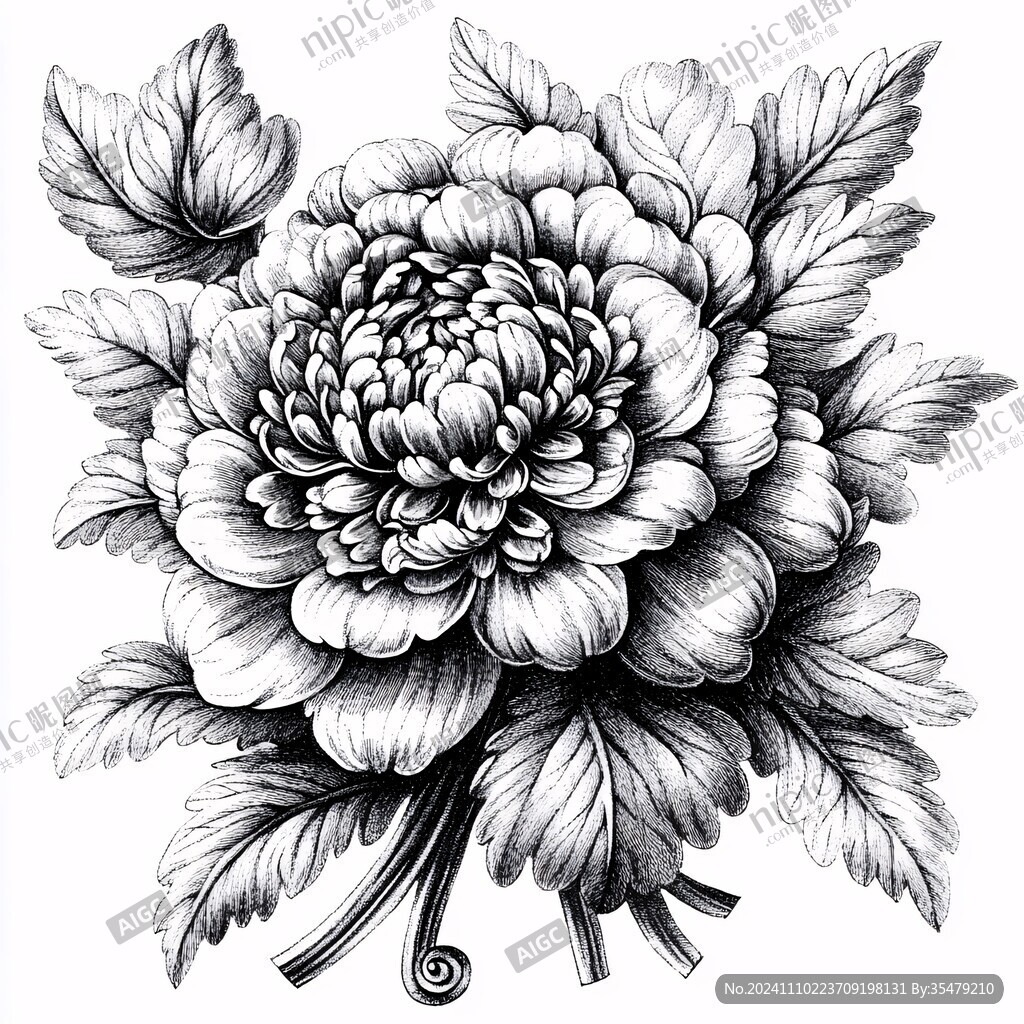 线描牡丹花