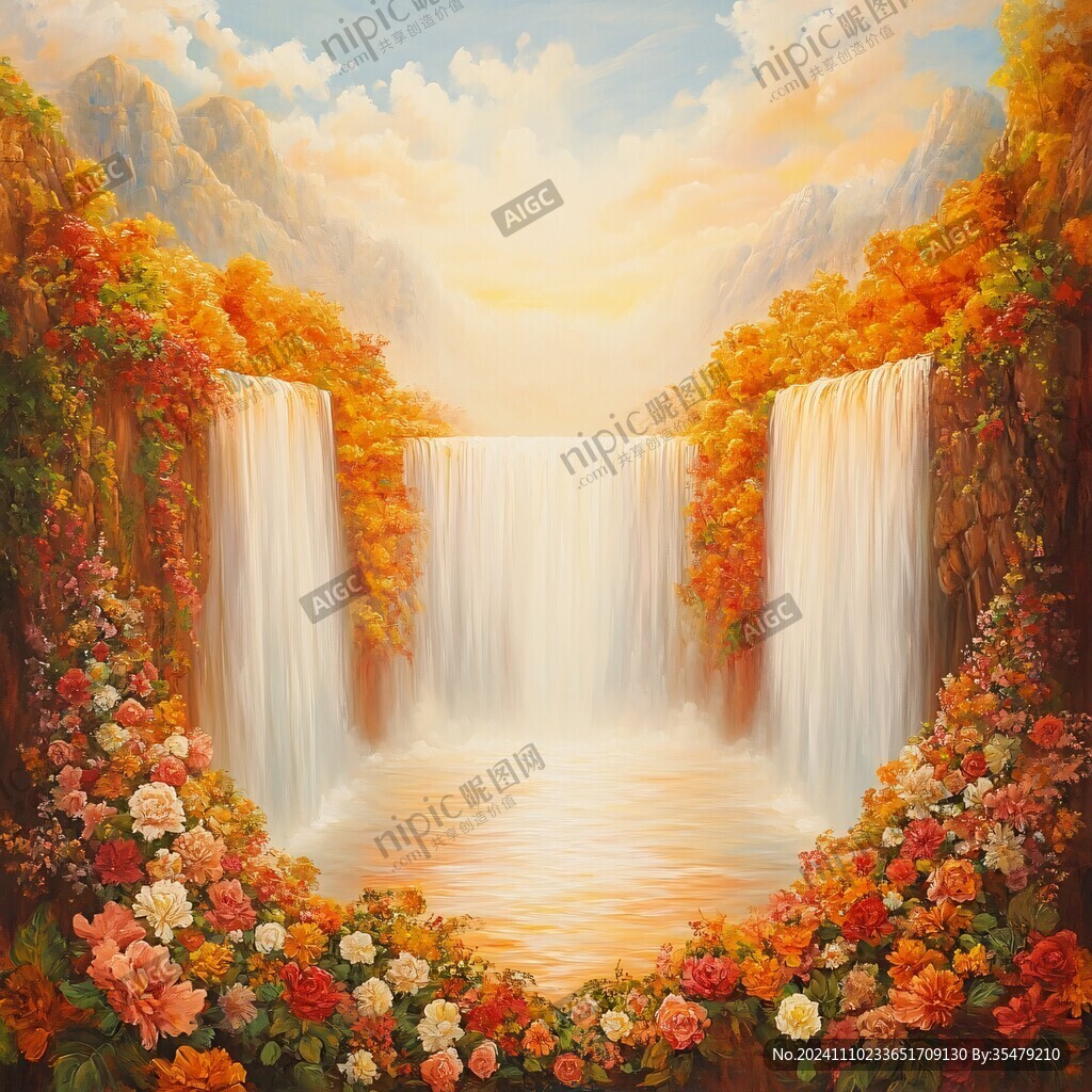 山水风景油画瀑布