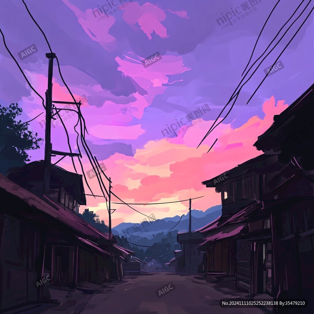 日落街道插画