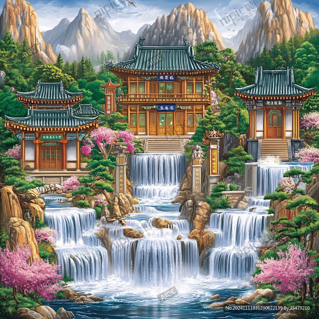 亭台楼阁流水瀑布