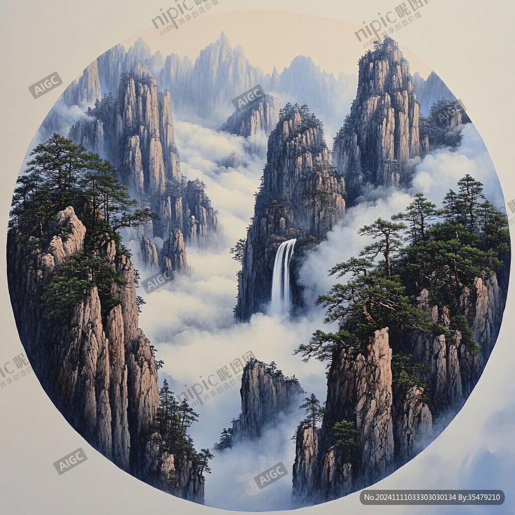 山水圆形挂画