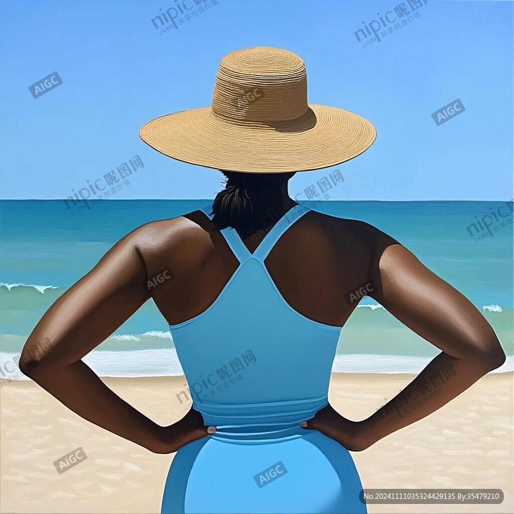 夏天看海美女背影插画