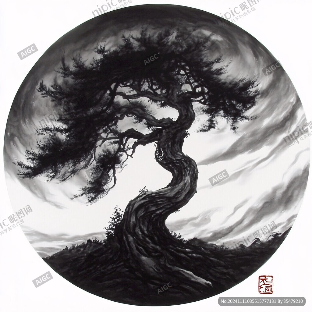 圆形迎客松装饰画