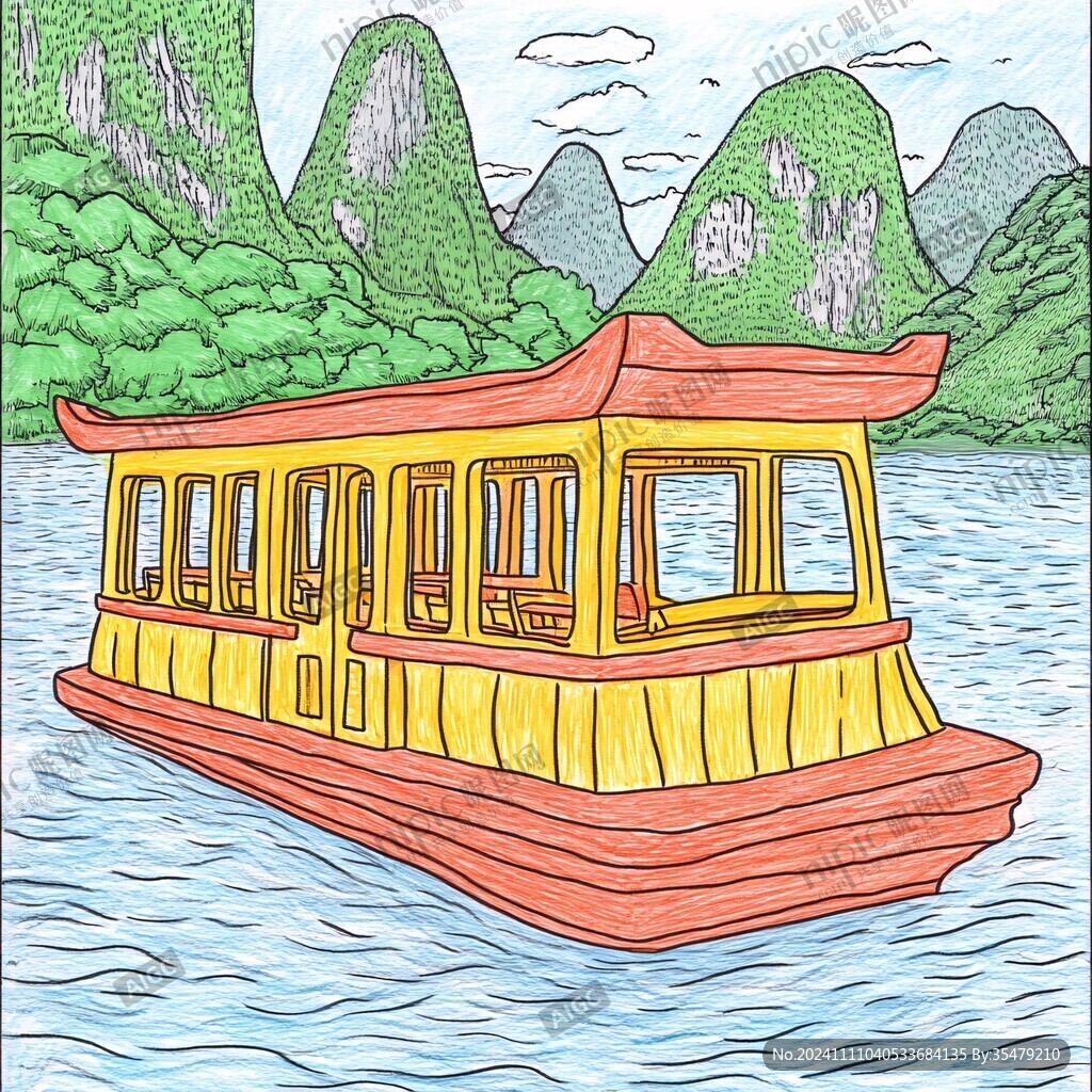 山水楼阁波光小船