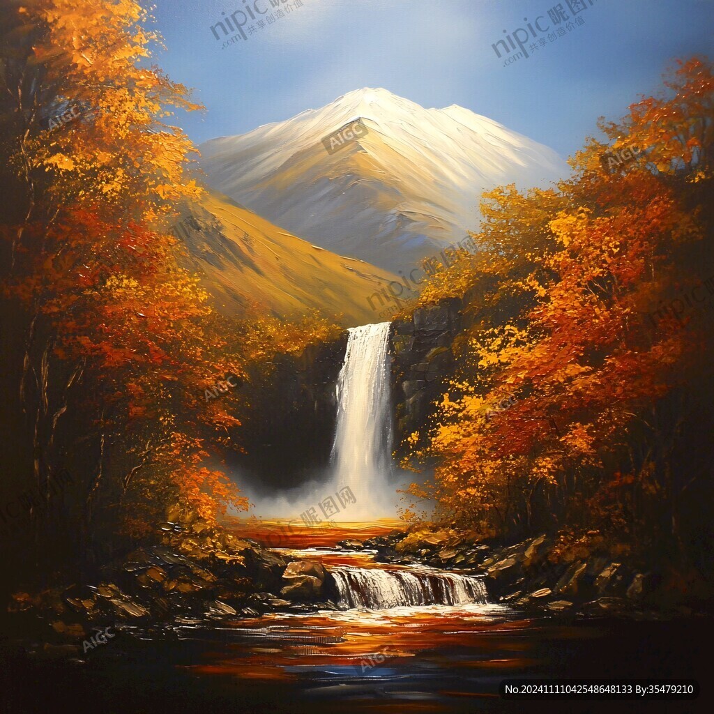 山水风景油画瀑布