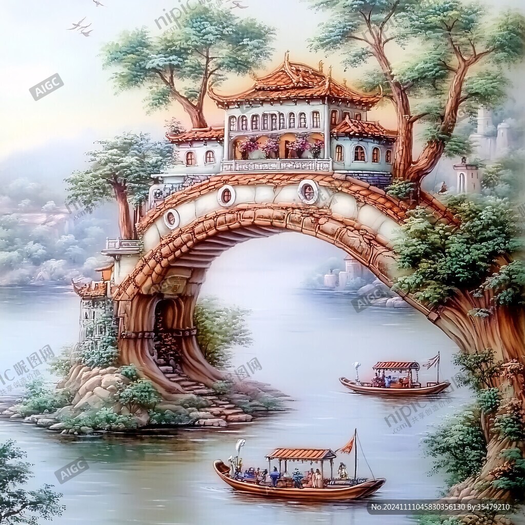 山水楼阁亭台墙画