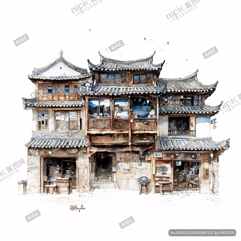 水彩纳西族建筑