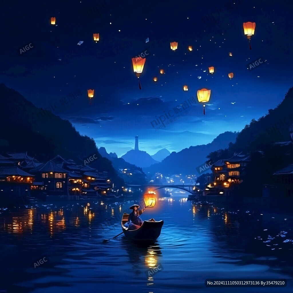 夏日放河灯场景