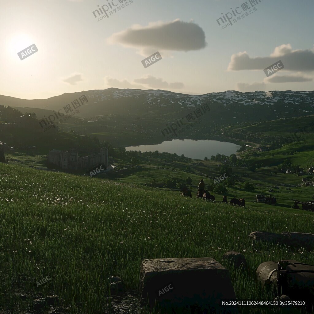 山地丘陵草场夕阳