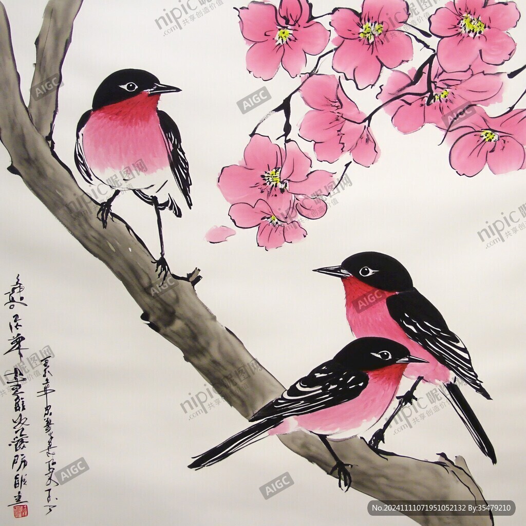 喜鹊梅花手绘