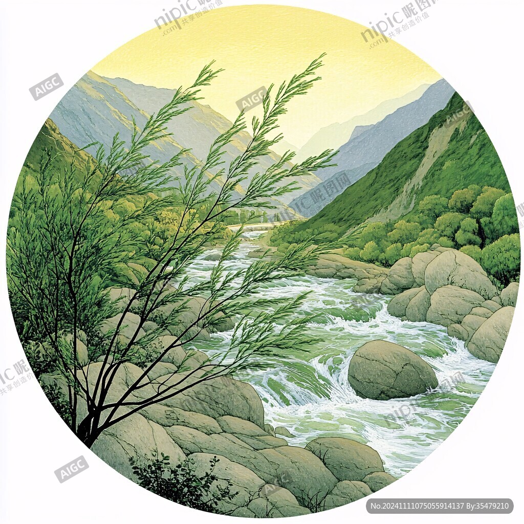圆形手绘山水画