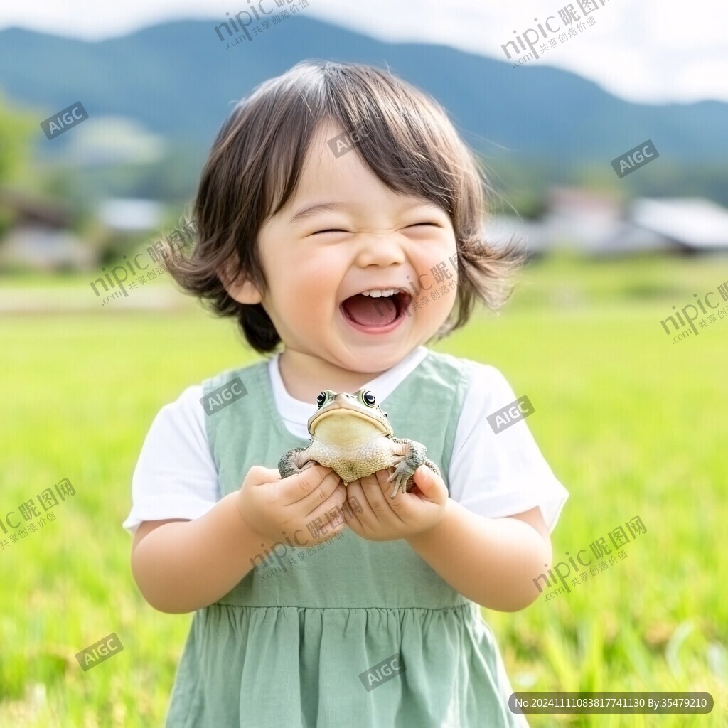 小孩抱青蛙