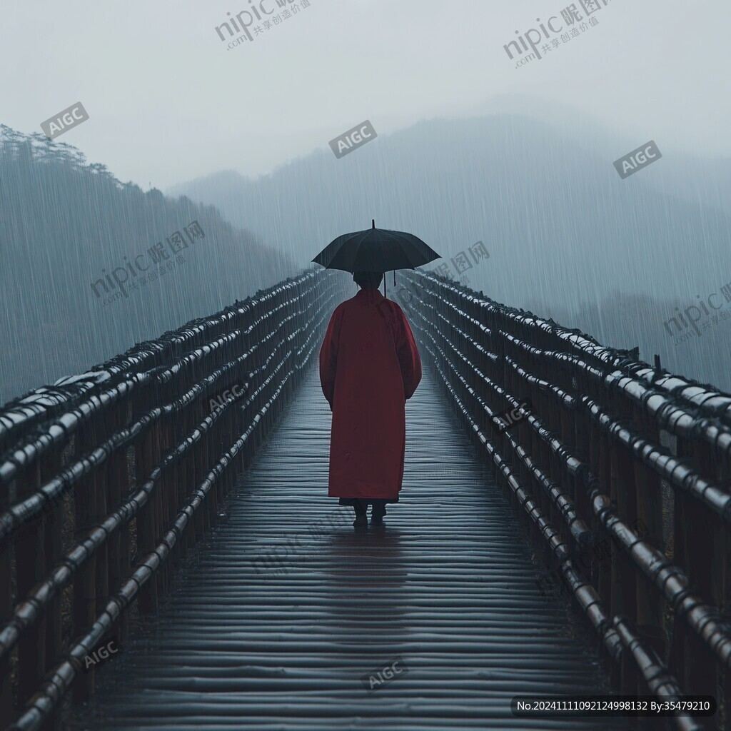 撑伞红衣背影