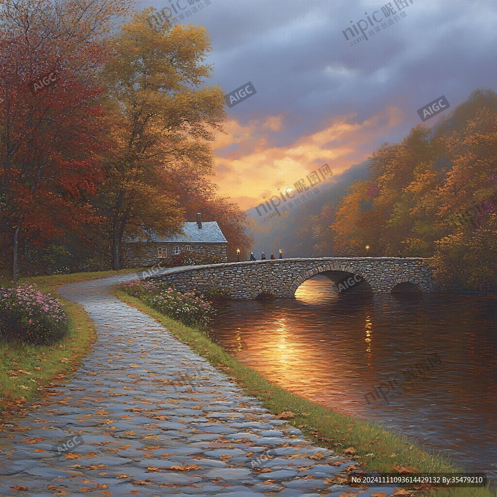 唯美秋天风景油画