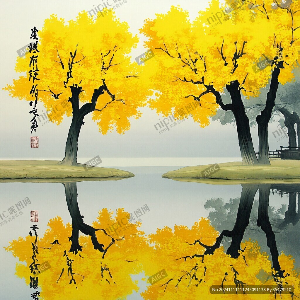 银杏山水风景画