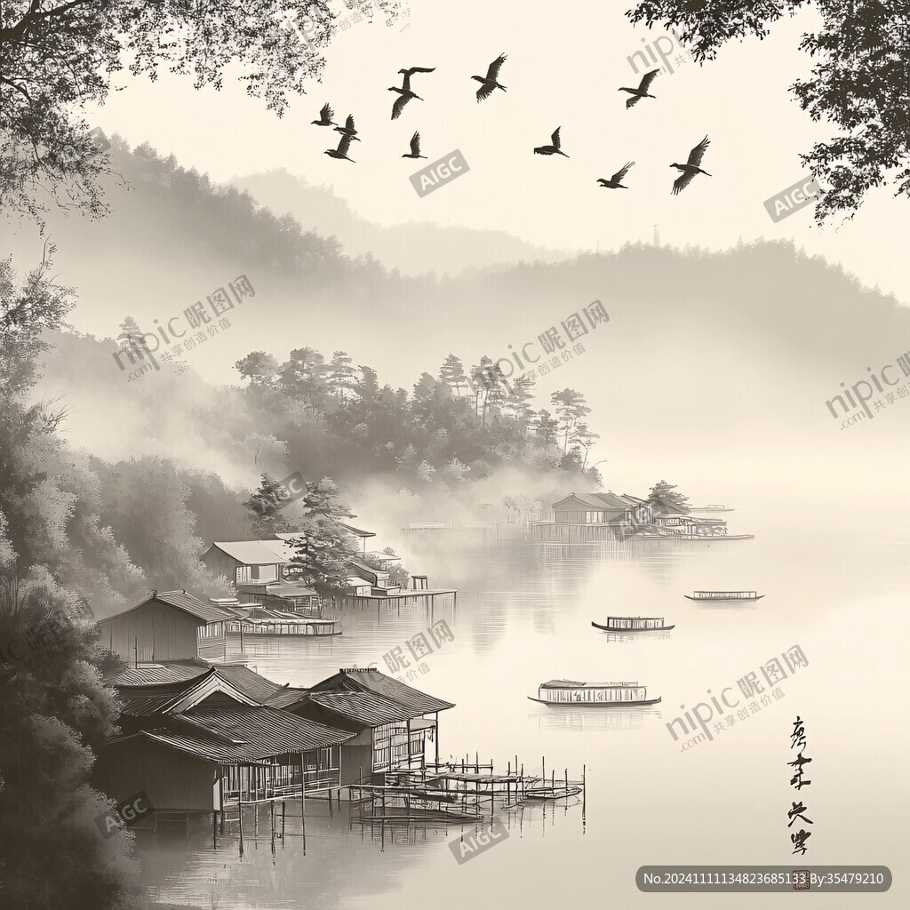 楼阁山水意境画