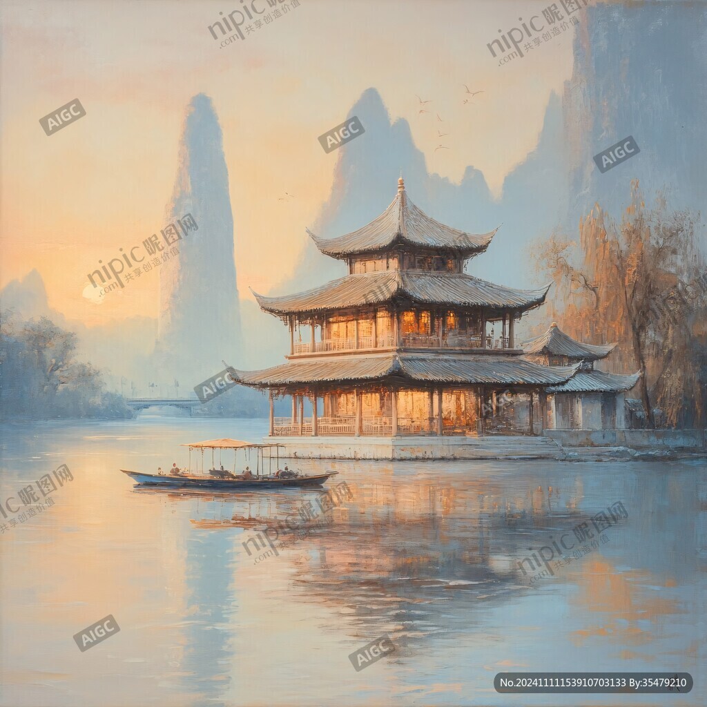 古风亭台楼阁油画