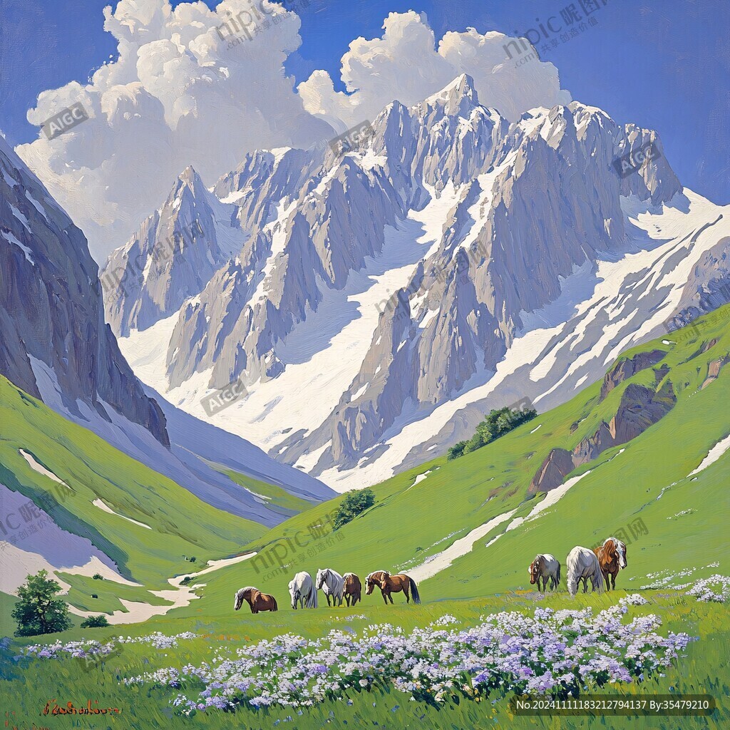 手绘草原草雪山