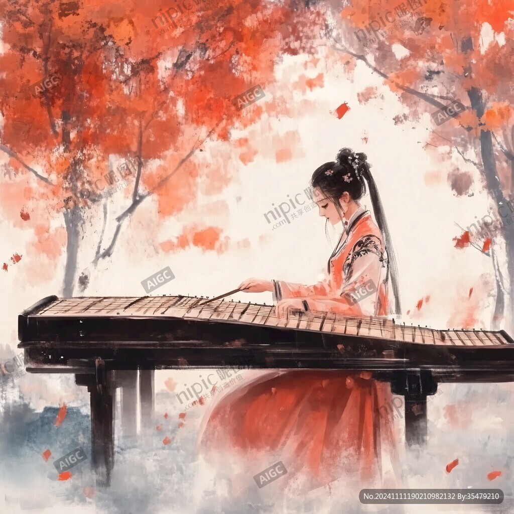 古筝古风女孩插画